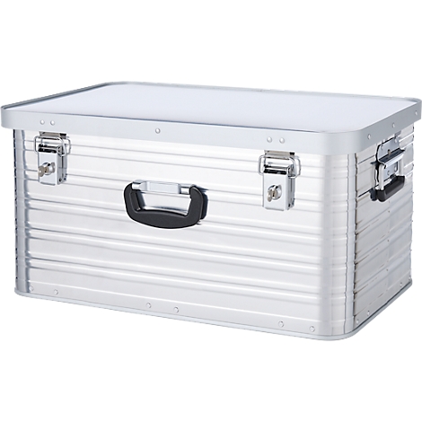 Silberne Aluminiumbox mit Deckel, Griffen und Verschlüssen.