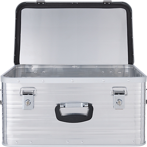 Offene silberne Aluminiumbox mit schwarzem Griff und Verschlüssen.