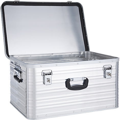 Silberne, offene Transportbox mit schwarzen Griffen und Verschlüssen.