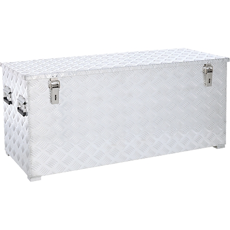 Silberne Aluminium-Werkzeugkiste mit Riffelblechmuster und zwei Verschlüssen.