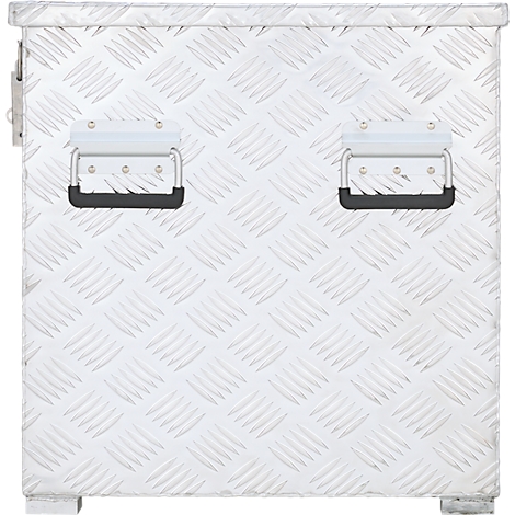 Eine silberne Aluminiumbox mit Riffelblechmuster und zwei Griffen.