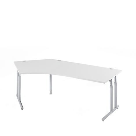 White ergonomic desk with gray height-adjustable legs, against a white background.