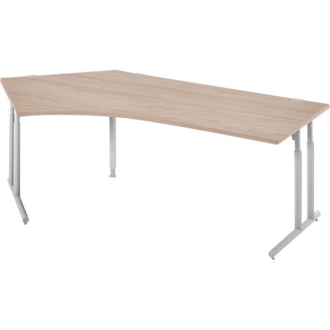 Beige corner desk with light, height-adjustable legs. Wood look.