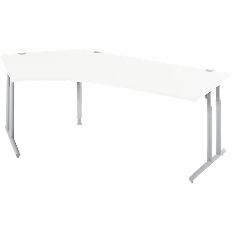 A white corner desk with silver legs. The desk is empty, ideal for a home office.