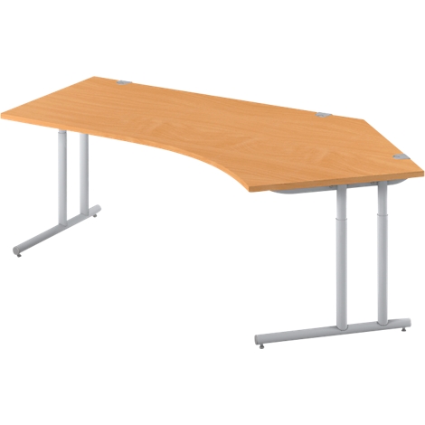 Light brown desk with a curved edge and white metal legs.