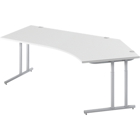 A white corner desk with silver legs, standing at an angle.