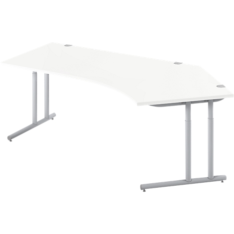White curved desk with silver legs. Hole for cables and round connectors.