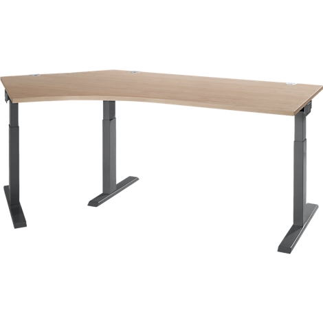 An ergonomic L-shaped desk with adjustable height and gray legs.