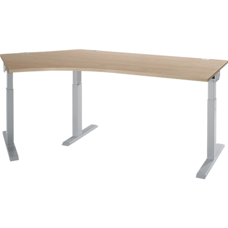 A corner desk with a light wood top and silver height-adjustable legs.