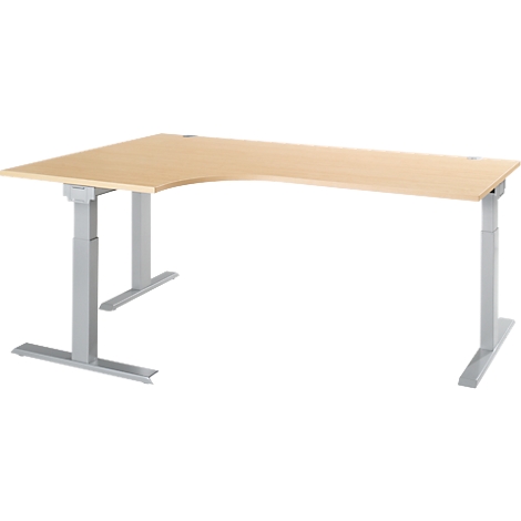 Corner desk with light wood and silver legs, top view.