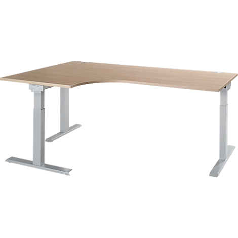 Corner desk with height-adjustable legs, light wood look. On a light background.