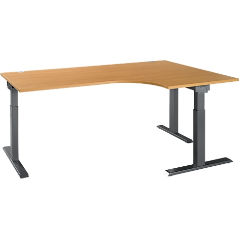 Light brown corner desk with a gray frame. The table top is wood-colored, height-adjustable. A modern office design.