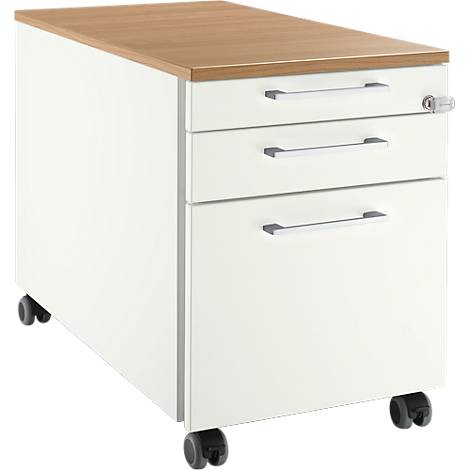 Cajonera rodante blanca con tres cajones, tapa de madera y ruedas.