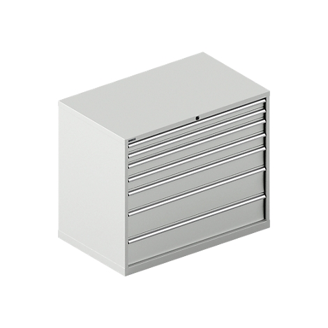 Caja de herramientas gris con siete cajones. Cajón superior cerrado.