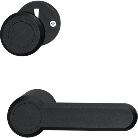 Herraje de puerta negro que consta de manija y rosetas.