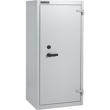 Caja fuerte gris con manija y cerradura de cilindro sobre un fondo neutro.