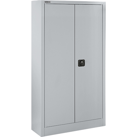 Armario de acero gris con dos puertas y un tirador negro. Un armario para guardar cosas.
