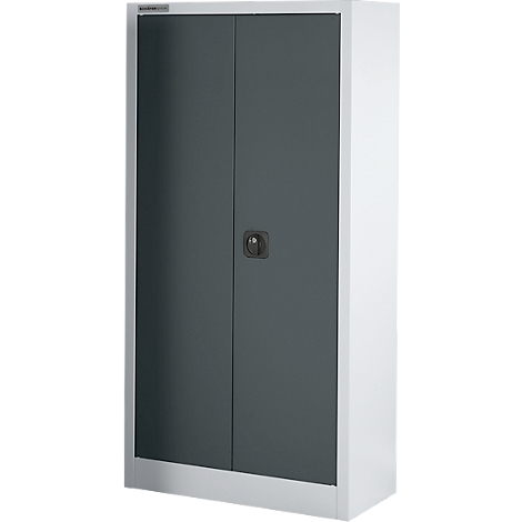Un armario de acero gris con dos puertas, un asa y un marco blanco. Hay texto en la parte superior.
