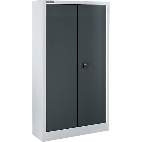 Armario metálico en gris y blanco. El armario tiene dos puertas con un asa redonda.