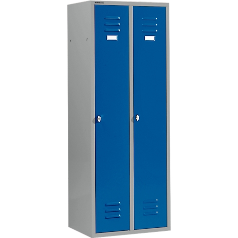 Taquilla azul con dos puertas. Las puertas tienen ranuras de ventilación y manijas. Marco gris.