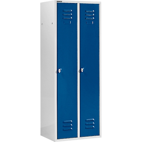 Taquilla doble con puertas azules, pomos plateados y ranuras de ventilación.