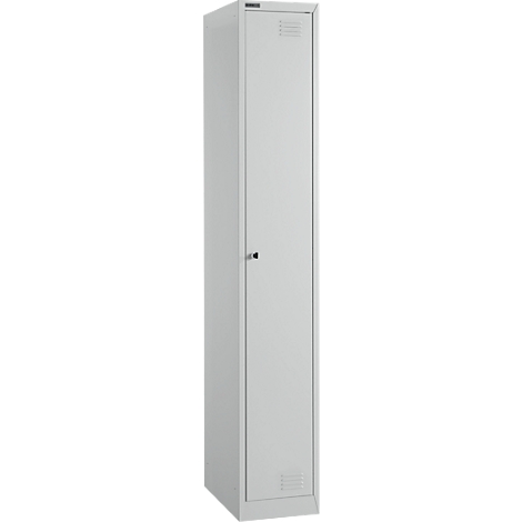 Un armario alto gris con una puerta y una pequeña manija.