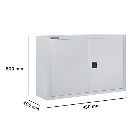 Armario de pared gris, dimensiones: 950 x 800 x 400 mm, con dos puertas y asa negra.