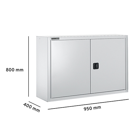 Armario de pared metálico con dos puertas, tirador negro y dimensiones.