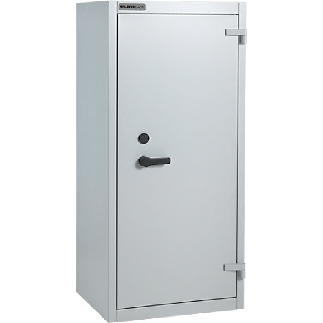 Caja fuerte gris, manija negra, puerta con bisagras a la derecha.