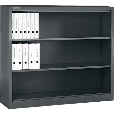 Classeur gris avec des classeurs blancs, chacun étiqueté avec du texte tel que 'Quittungen ADL'.