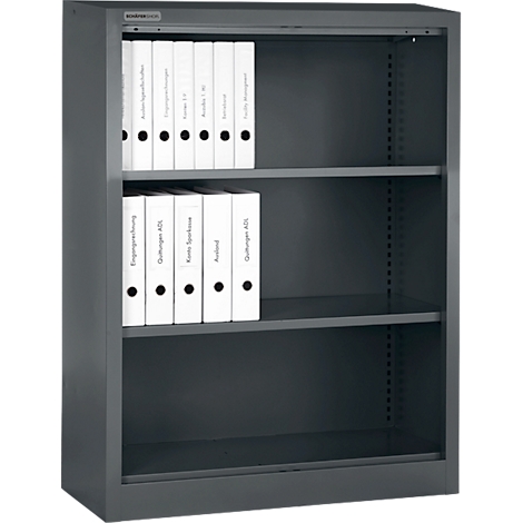 Classeur gris avec trois étagères, rempli de dossiers blancs. Du texte est écrit sur les dossiers.