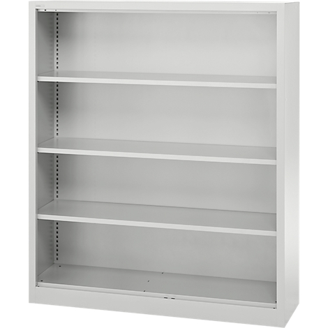 Bibliothèque grise à quatre étagères. La bibliothèque se dresse librement devant un fond blanc.