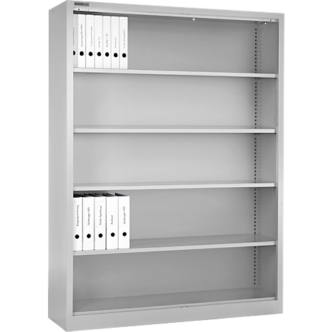 Étagère en acier grise avec plusieurs étagères vides. Il y a des dossiers sur deux étagères.