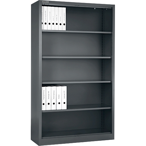 Étagère ouverte grise avec quatre étagères, partiellement remplie de classeurs blancs. Une marque est en haut.