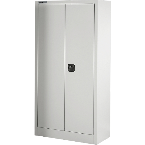 Un classeur en acier gris à deux portes et une poignée noire. Le classeur est debout et occupe la majeure partie de l'image.
