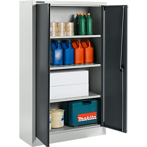 Armoire en acier ouverte, remplie de divers articles tels que des liquides, des outils et des matériaux d'emballage.