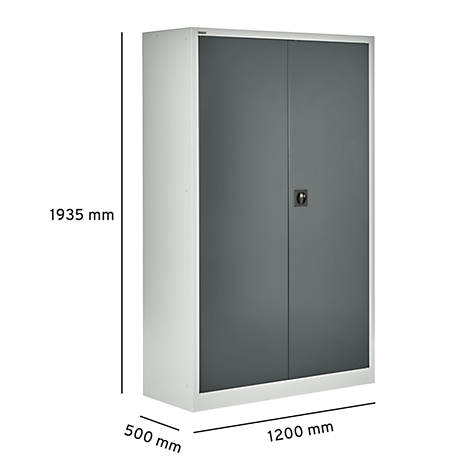 Armoire en acier grise à deux portes, dimensions : 1935 x 1200 x 500 mm.