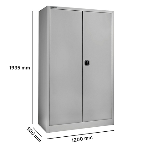 Armoire en acier grise à deux portes, poignée noire et dimensions.