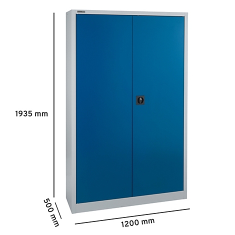 Armoire en acier bleu à deux portes, cadre argenté, bouton rotatif noir. Les dimensions sont indiquées.
