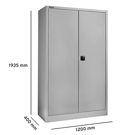 Armoire haute en acier gris avec deux portes, poignée noire, dimensions : 1935 x 1200 x 400 mm.