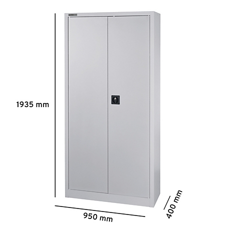 Armoire grise avec portes doubles, dimensions : 1935 x 950 x 400 mm. Poignée noire au milieu.