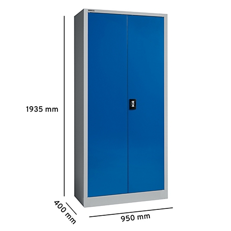 Armoire bleue à deux portes, dimensions : 1935 x 900 x 400 mm. Poignée noire au milieu.
