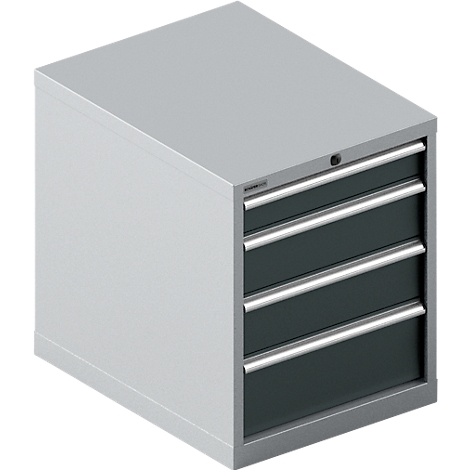 Armoire à outils grise avec trois tiroirs, poignées argentées et une serrure.