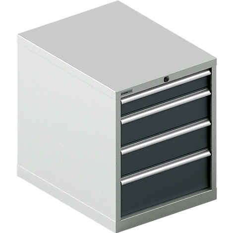 Armoire à outils grise avec trois tiroirs, poignées en métal et un symbole de serrure.