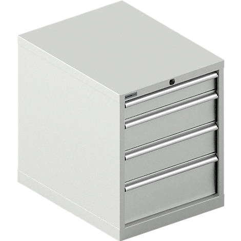 Armoire à outils gris clair avec quatre tiroirs et poignées argentées.
