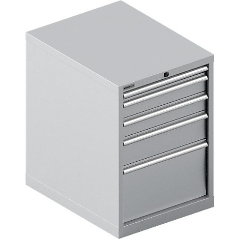 Armoire à outils grise avec quatre tiroirs et poignées, serrure en haut.