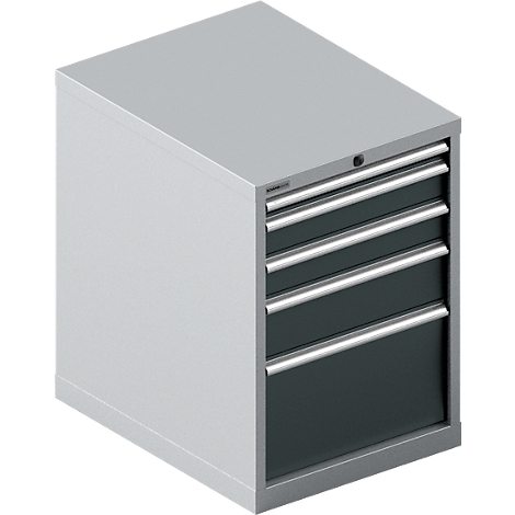 Armoire à outils grise avec quatre tiroirs et des poignées argentées.