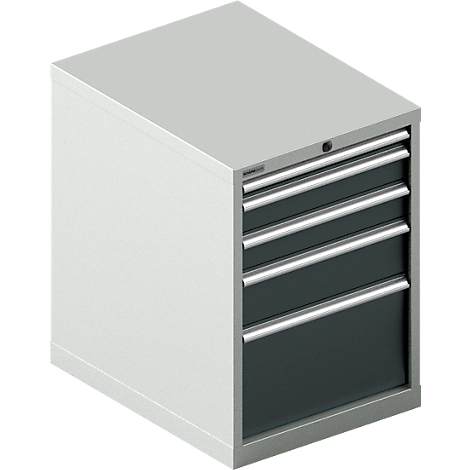 Armoire à outils grise avec quatre tiroirs et poignées argentées.