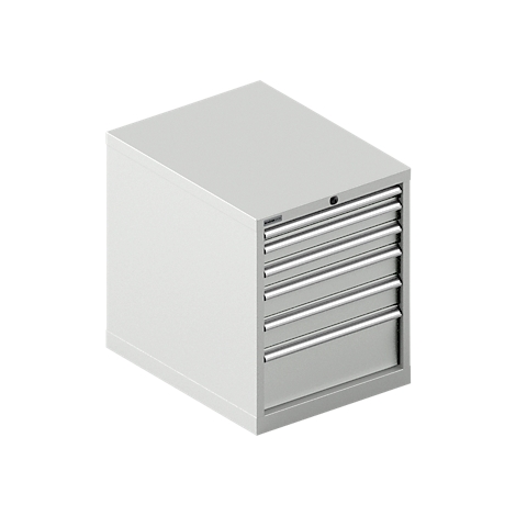 Armoire à outils grise avec six tiroirs, tous équipés de poignées.