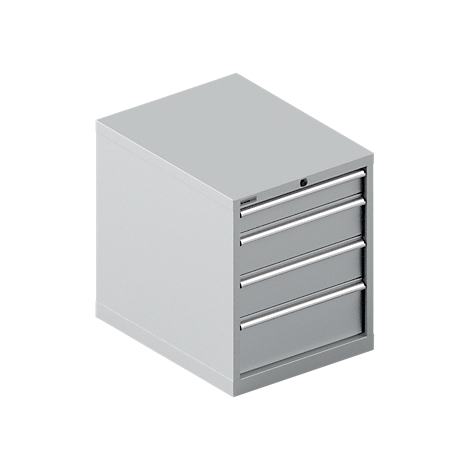 Armoire à outils grise avec quatre tiroirs et poignées argentées, isolée sur fond blanc.